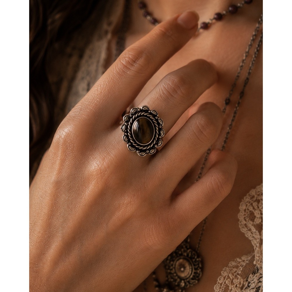 Tiger Eye Stone Ring Size 5.5 Brown Silver Tone Boho Western Witchy Celestial - Picture 2 of 6
